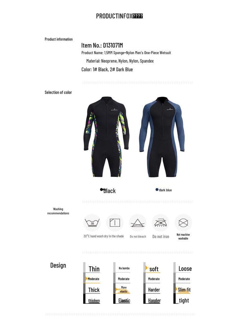 Men's 1.5mm One-Piece Long Sleeve Wetsuit for Diving, Snorkeling, and Surfing - Lycra Sun Protection.