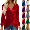 Women's Solid Color Sequin Velvet Patchwork V-neck Long Sleeved Irregular Top T-shirt