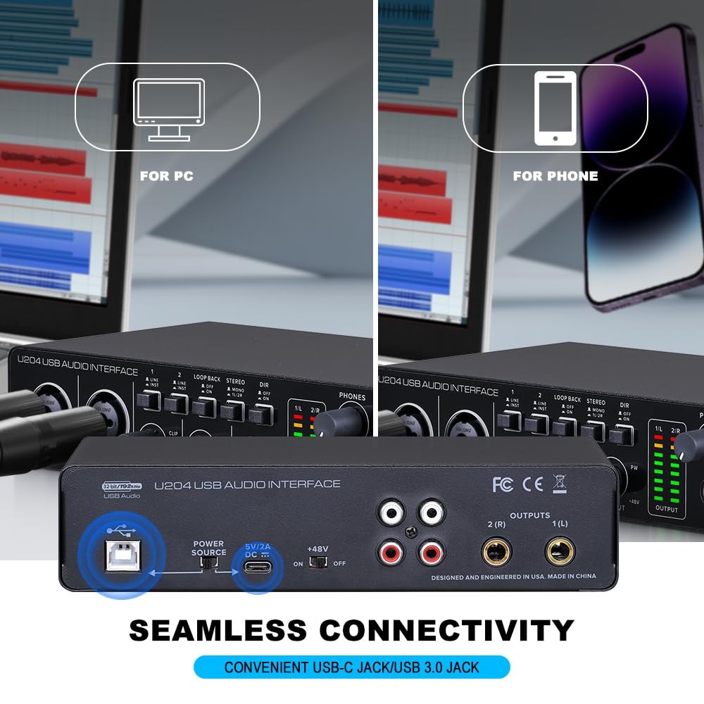 BOMGE U204 USB Audio Interface for PC Computer Music Recording, 2x2 Guitar Audio Interface for Mac, 32-bit/192kHz, Podcast Streaming, Vocalist/Produce