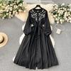 Vintage Bohemian Long Dress for Women A-line Embroidery Lace-up O Neck Lantern Sleeve Holiday Autumn Vestidos