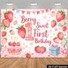 2D Strawberry Themed First Birthday Backdrop, Berry Sweet Pink Checkered Party Banner