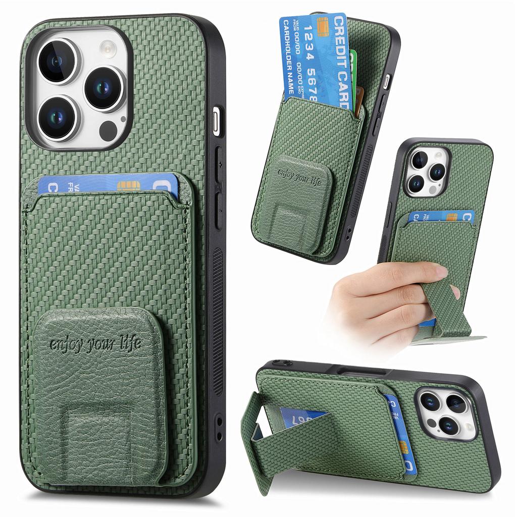 C1-11 for iPhone 16 Pro Case Card Holder Carbon Fiber Texture Leather Coated TPU Phone Cover