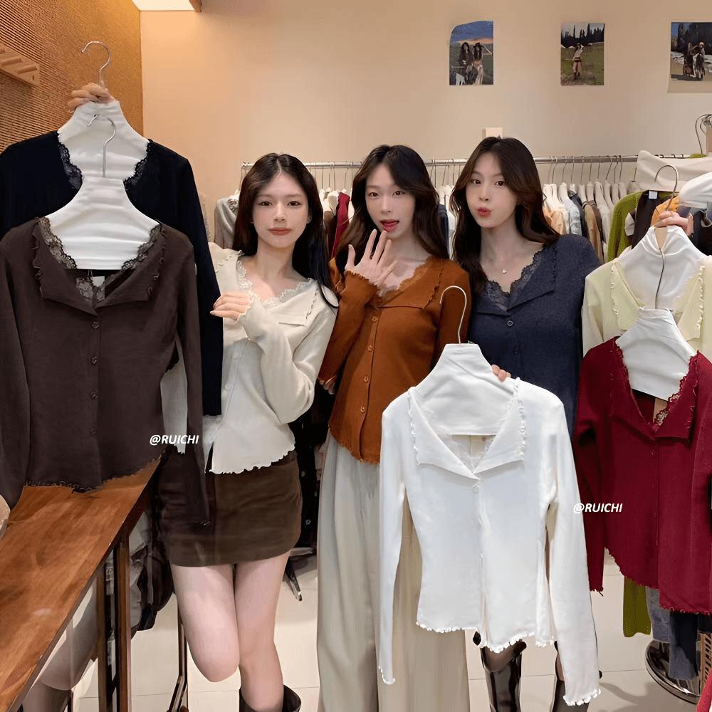 1116 Korean new V-neck lace splicing lapel short long-sleeved slim-fit knitted cardigan top women