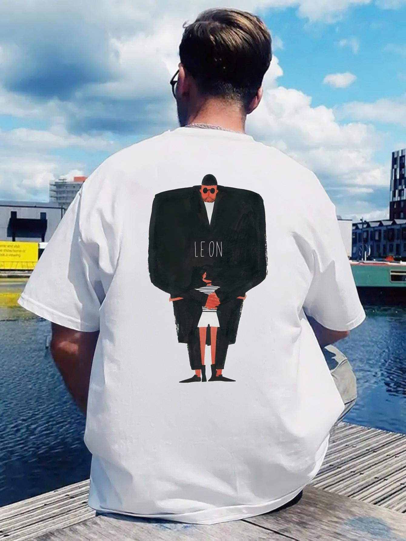 Casual Short Sleeve T-shirt with Leon Graphic Print - Black Polyester Crew Neck XL