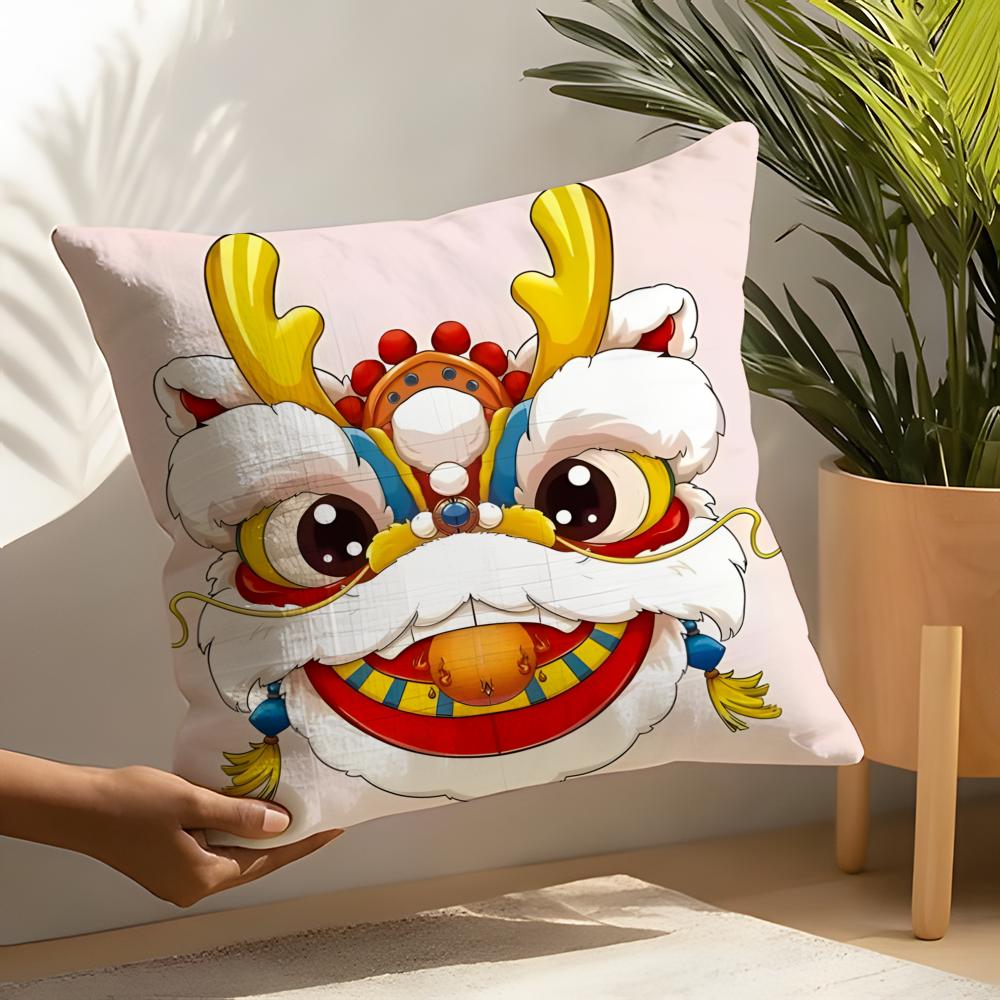 Linen Cushion Covers For Decorative Sofa Home Pillows Case Car Chair Pillows Cases Chinatown Festive Lion Print Pattern