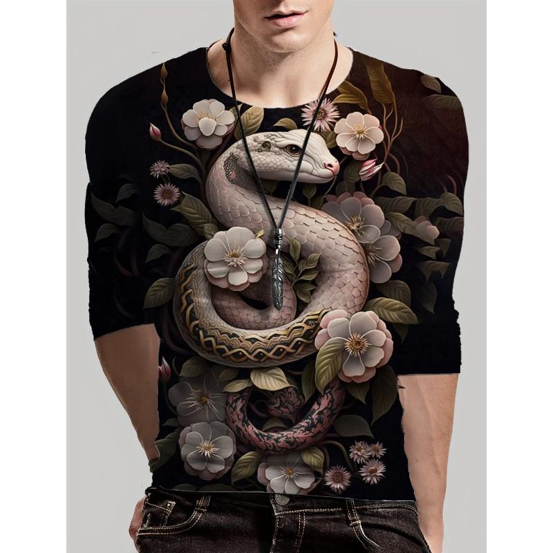 Round Neck 3D Snake Printed Top Casual Long Sleeved Men's T-shirts - Soft Medium Stretch Polyester Fabric Spring and Autumn Relaxed Fit Clothing