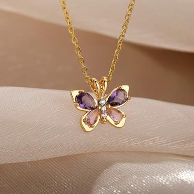 Pink Zircon Butterfly Necklace Female Versatile High Sense Light Luxury Temperament Titanium Steel Amethyst Collarbone Chain