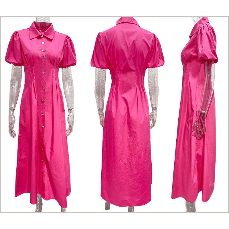 Women's Summer Casual Short-sleeved Button Waist Solid Color Long Shirt Dress