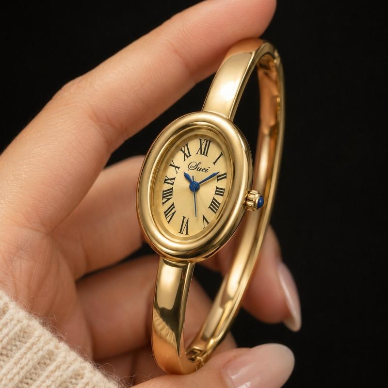 Luxury Gold Oval Bangle Watches for Women Vintage Roman Numeral Dial Quartz Wristwatch Elegant Ladies Dress Bracelet Watch Gift