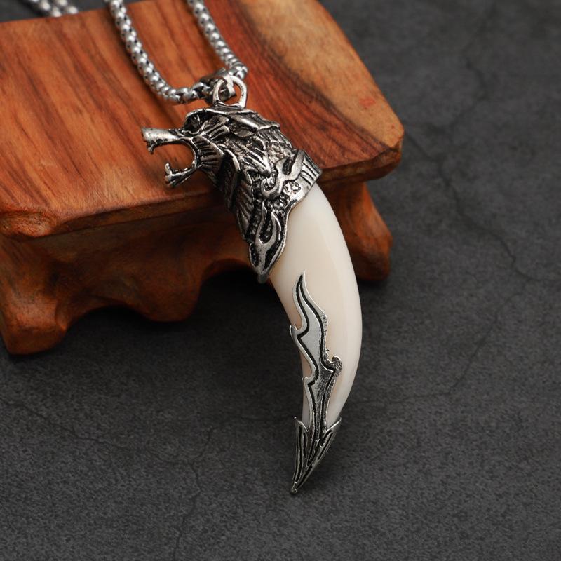 Men's Retro Resin Wolf Tooth Necklace with Stainless Steel Chain