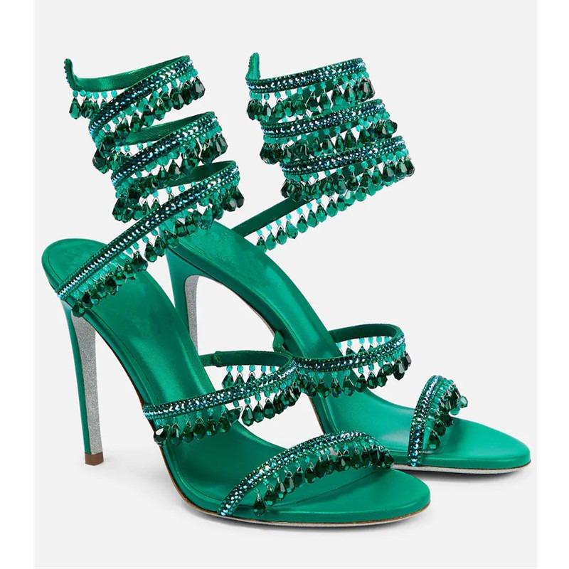 New Crystal Pendant, Snake-shaped Wrapped Rhinestone Tassel Decorative High-heeled Women's Sandals