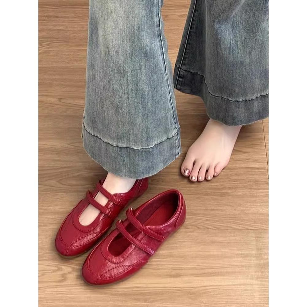 2025 Spring and Summer New Breathable Flat Mary Jane Shoes Women's Versatile Retro Velcro Casual Ballet Shoes Single Shoes