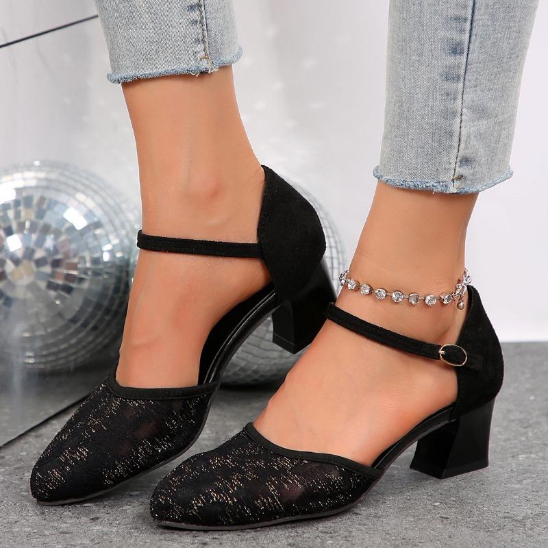 Fashion 2024 Spring and Summer Fashionable Women's Sweet High Quality Black Leather Buckle Strap Toe Sandals Cool European High Heels
