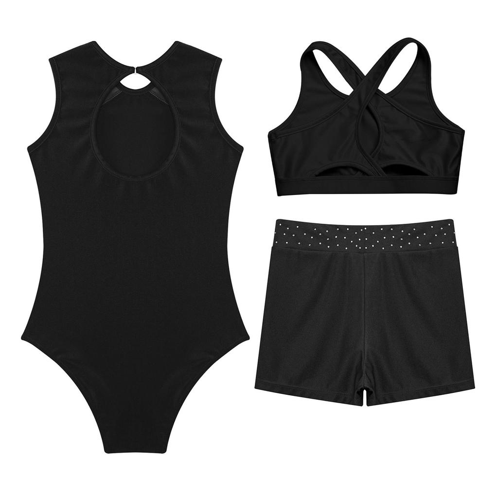 3 stk Jentegymnastikksett - Ermeløs drak med nøkkhullsrygg, kryssvest og rhinestoneshorts for dans/opptreden