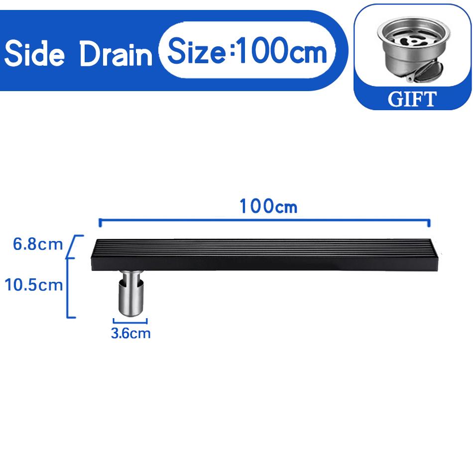 Stripe Floor Drain Black 304 Stainless Steel Solid  Bathroom Shower Long Linear Water Drainage Side Floor Drains Cover 60-100cm