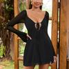 Mesh lining long-sleeved dress, popular sexy V-neck horn-sleeved backless dress