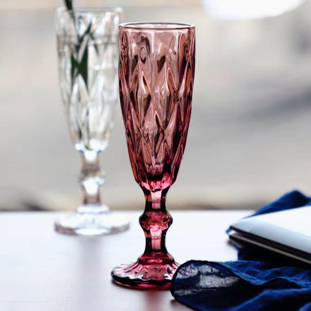 Vintage Tall-Stemmed Champagne and Wine Glasses, Embossed Thickened Juice Cups, Retro Cocktail Style