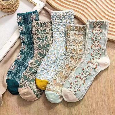 5 Pairs of Mid-length Socks, Retro Ethnic Style, Floral Lolita, Court Style Women's Socks, Trendy Socks