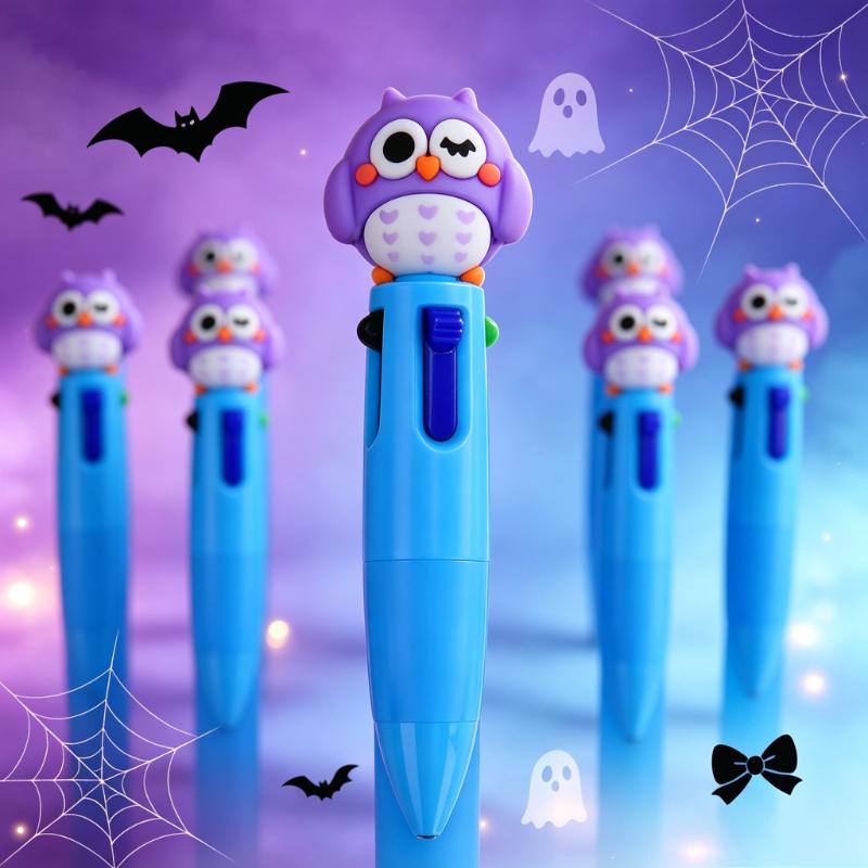 23 Pcs Halloween Four-Color Retractable Ballpoint Pens,  3D Cute Halloween Owl Topper, Cartoon Student Stationery, Halloween Gifts