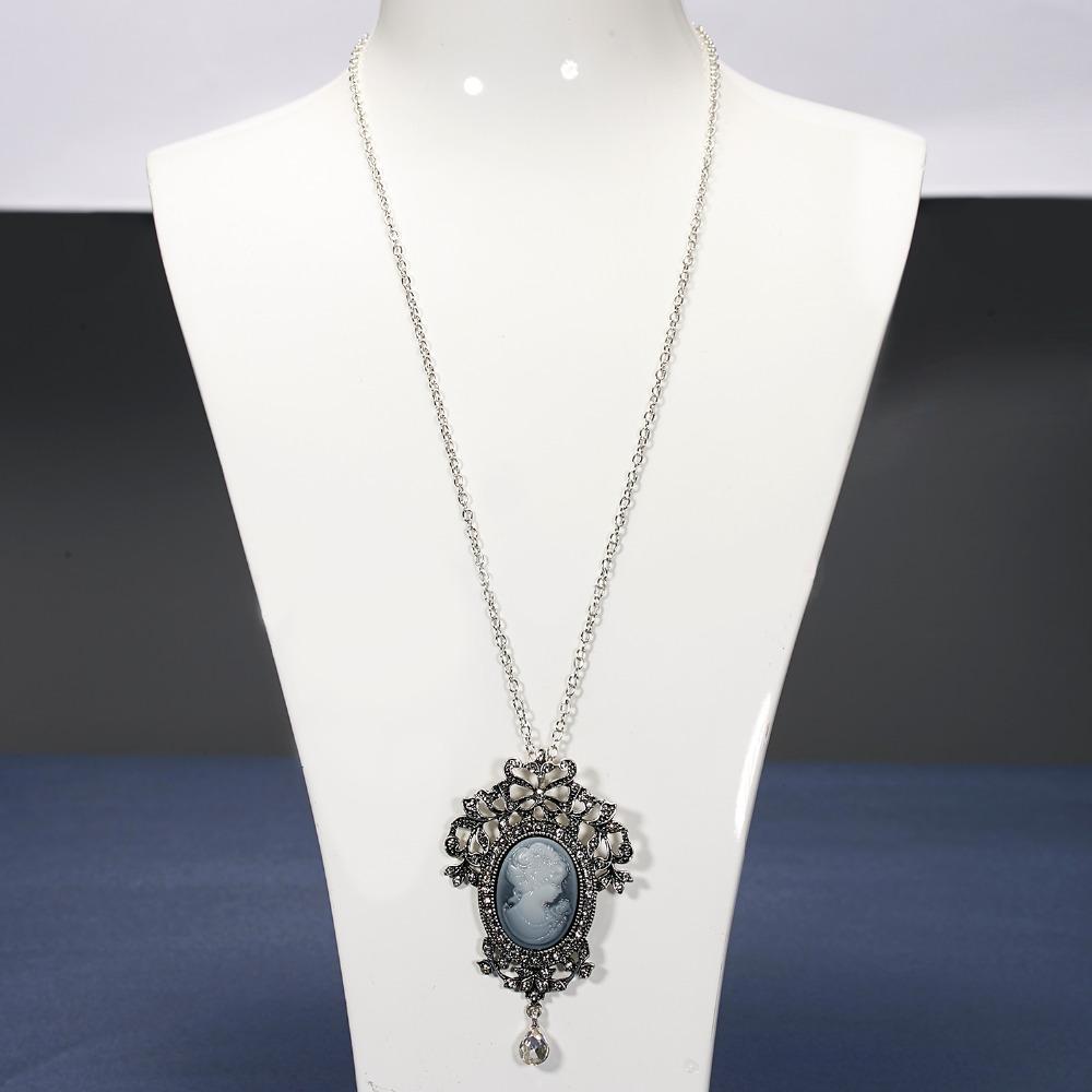 Rinhoo Necklaces & Pendants Jewelry For Women Vintage Cameo Queen Flower Beauty Head Crystal Pendant Necklace Sweater Long Chain