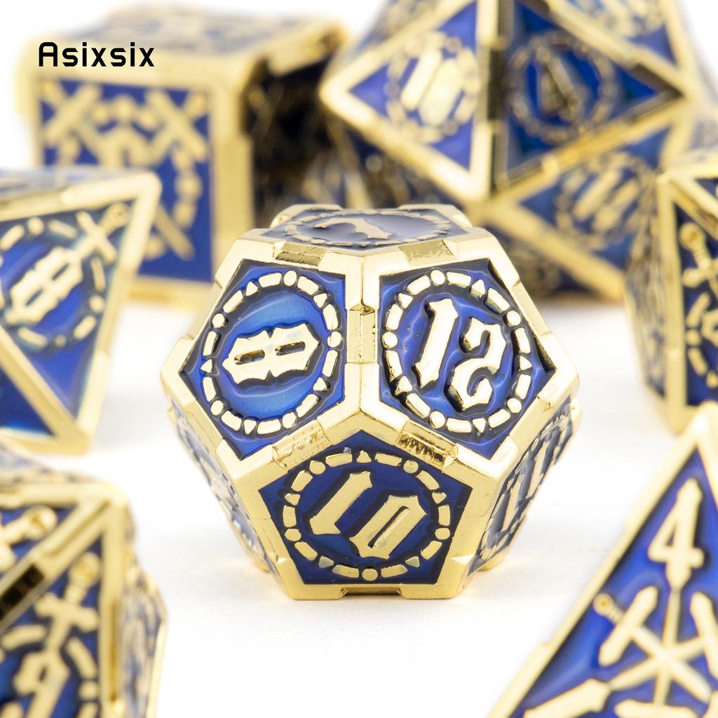 7 Pcs Golden Blue Double Swords Metal Dice Solid Polyhedral Dice Set Suitable for Role-Playing RPG Pathfinder Board Game