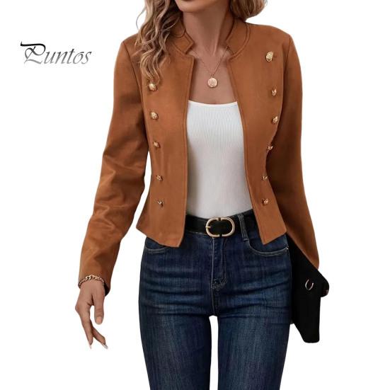 

Женская куртка с воротником-стойкой, длинный рукав, двубортный короткий костюм, пальто, однотонная деловая верхняя одежда S коричневый