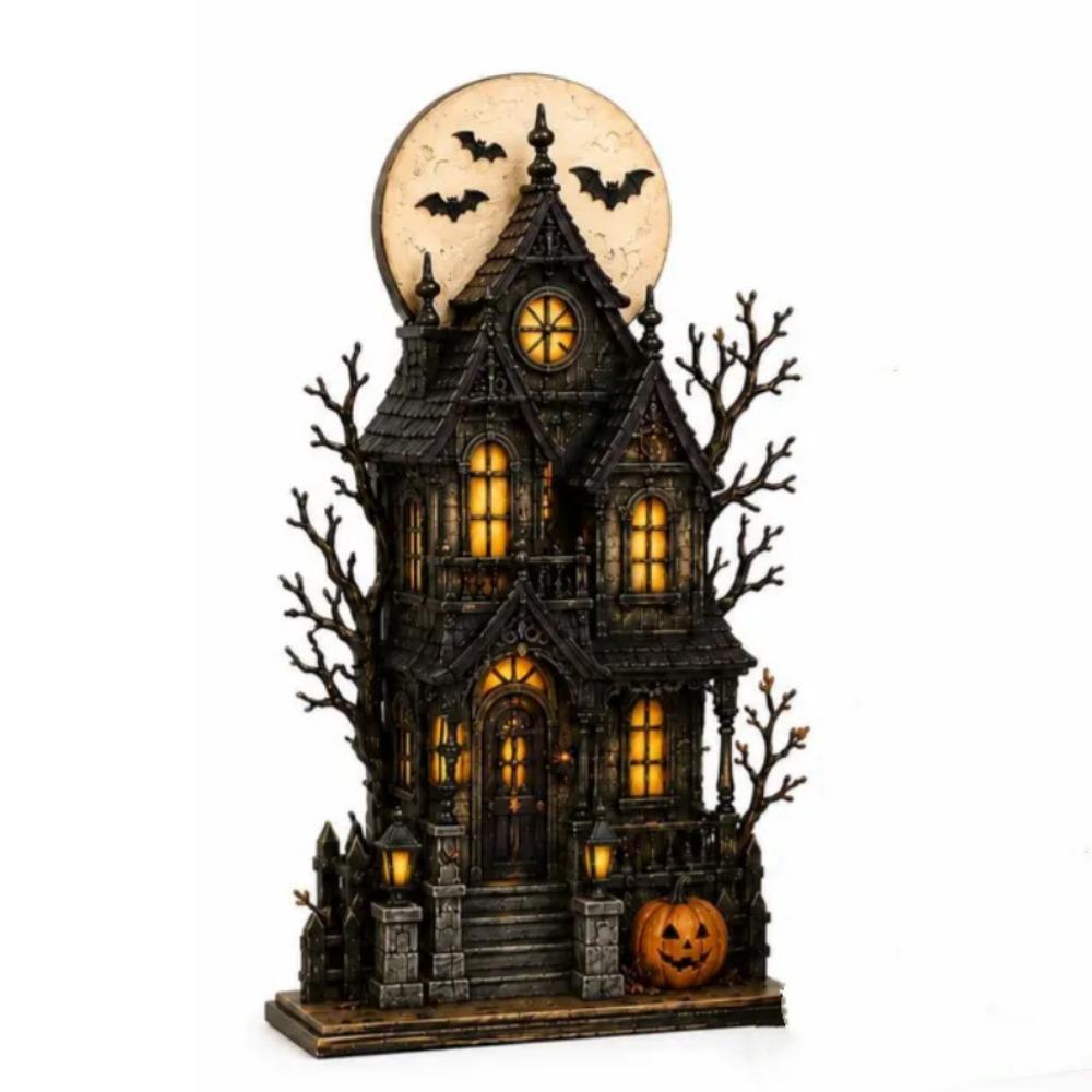 Spooky Wood Haunted House Statue Vintage Stacked Pumpkin Cart Ornament Shelf Decor