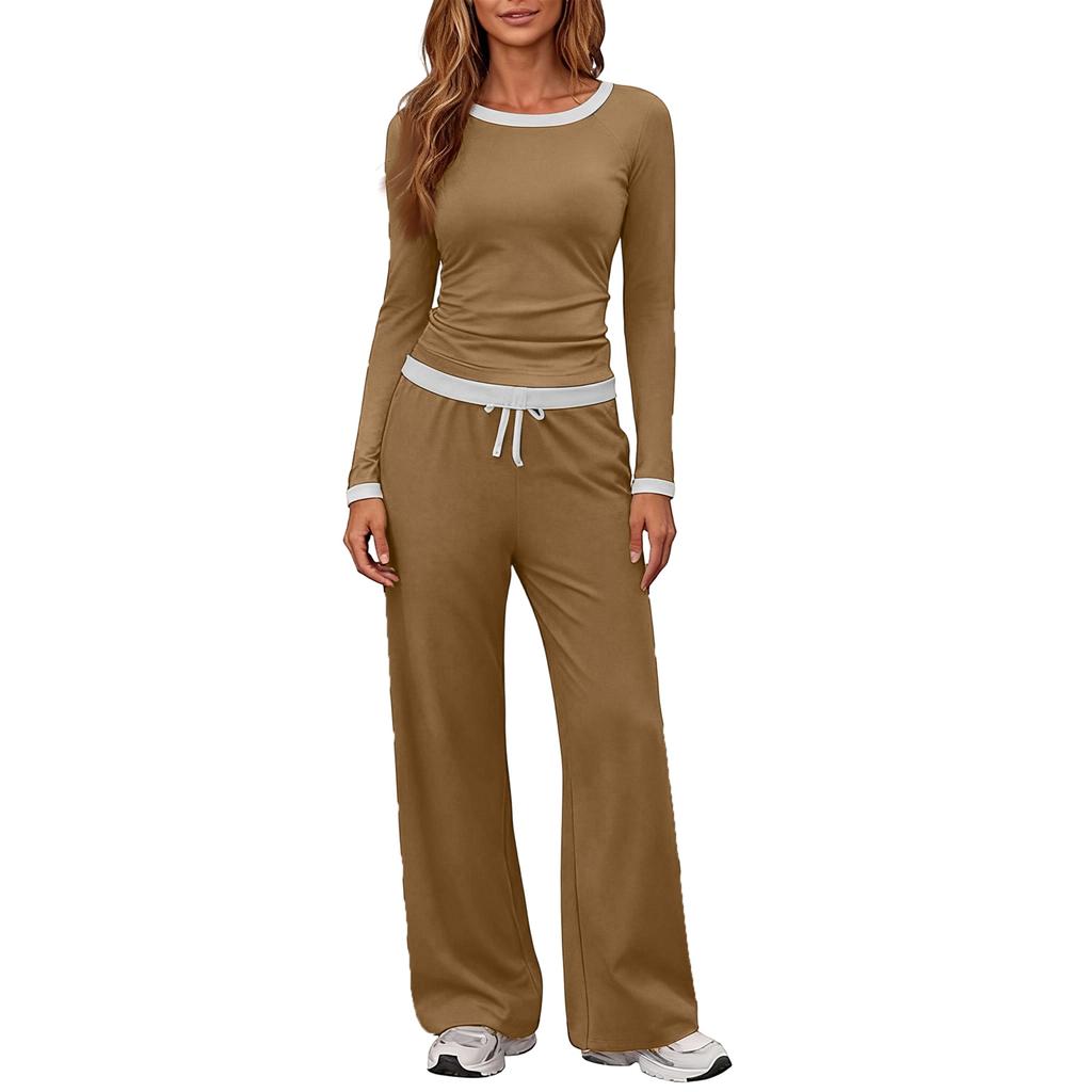 Women's Long-Sleeve Casual Sports Two-Piece Set With Loose Wide-Leg Pants