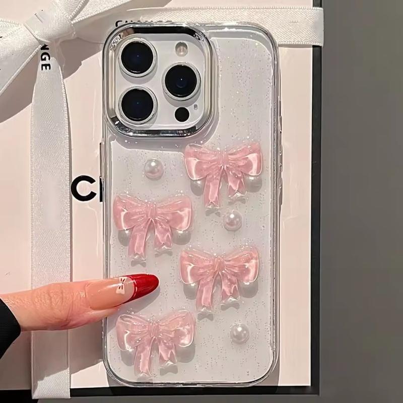Cute 3D Pink Bowknot Pearl Glitter Phone Case For iPhone 16 15 14 13 12 11 Pro Max Plus Korean Girl Epoxy Clear Soft Back Cover
