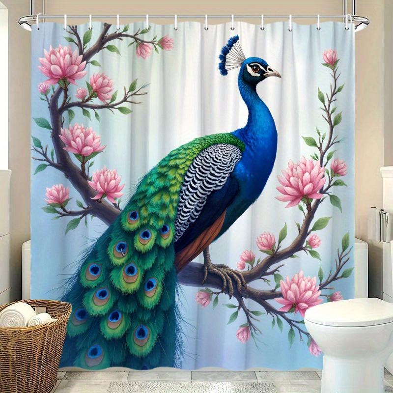 1pc Peacock Shower Curtain - Pink Blossoms, Blue-Green Feathers, Soft Gradient, 70.8x70.8", Polyester, Washable, 12 Hooks