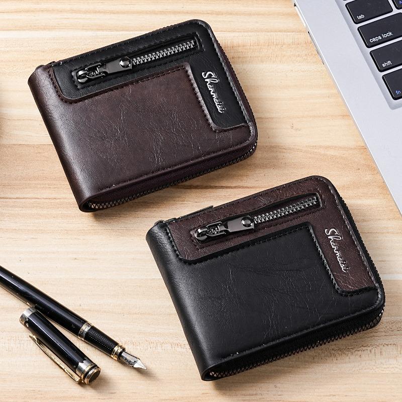 Portefeuille court pour homme en cuir PU Portefeuille pliant à fermeture éclair sur tout le pourtour Multiples emplacements pour cartes Fenêtre pour pièce d'identité Poche à monnaie Porte-billets Portefeuille compact