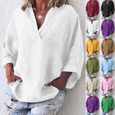 Kadın Gömlek Bluz Rahat Gevşek Gömlek Uzun Kollu V Yaka Düz Renk T-shirt Tee Kazak Üstleri