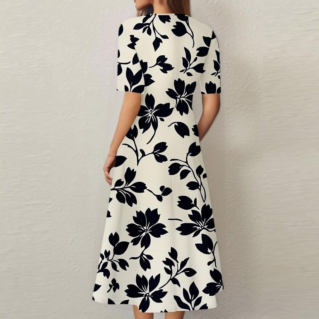 Damen Freizeitmode Kleid mit Blumendruck, V-Ausschnitt, kurzen Ärmeln und taillenlang