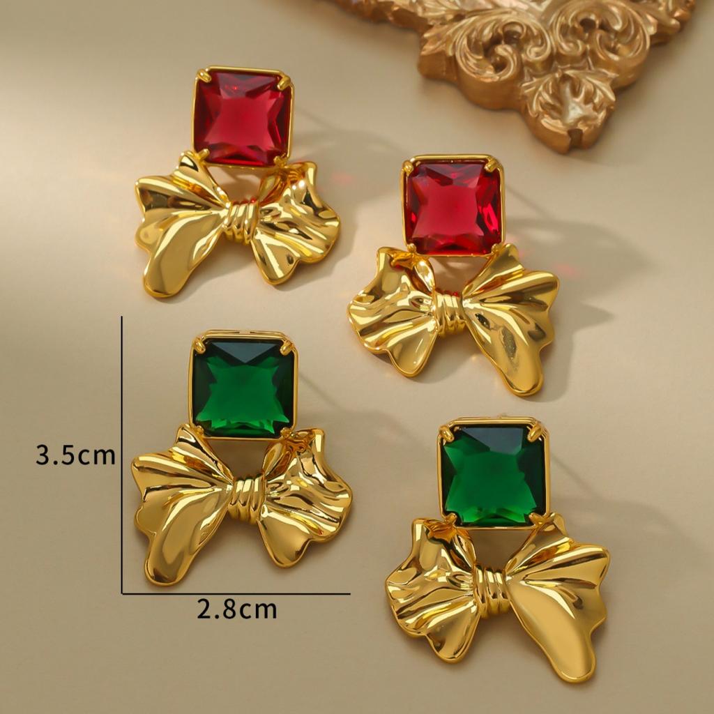 Light Luxury Sugar Red Green Gemstone Earrings Warm New Retro Temperament Fashionable Trendy Studded
