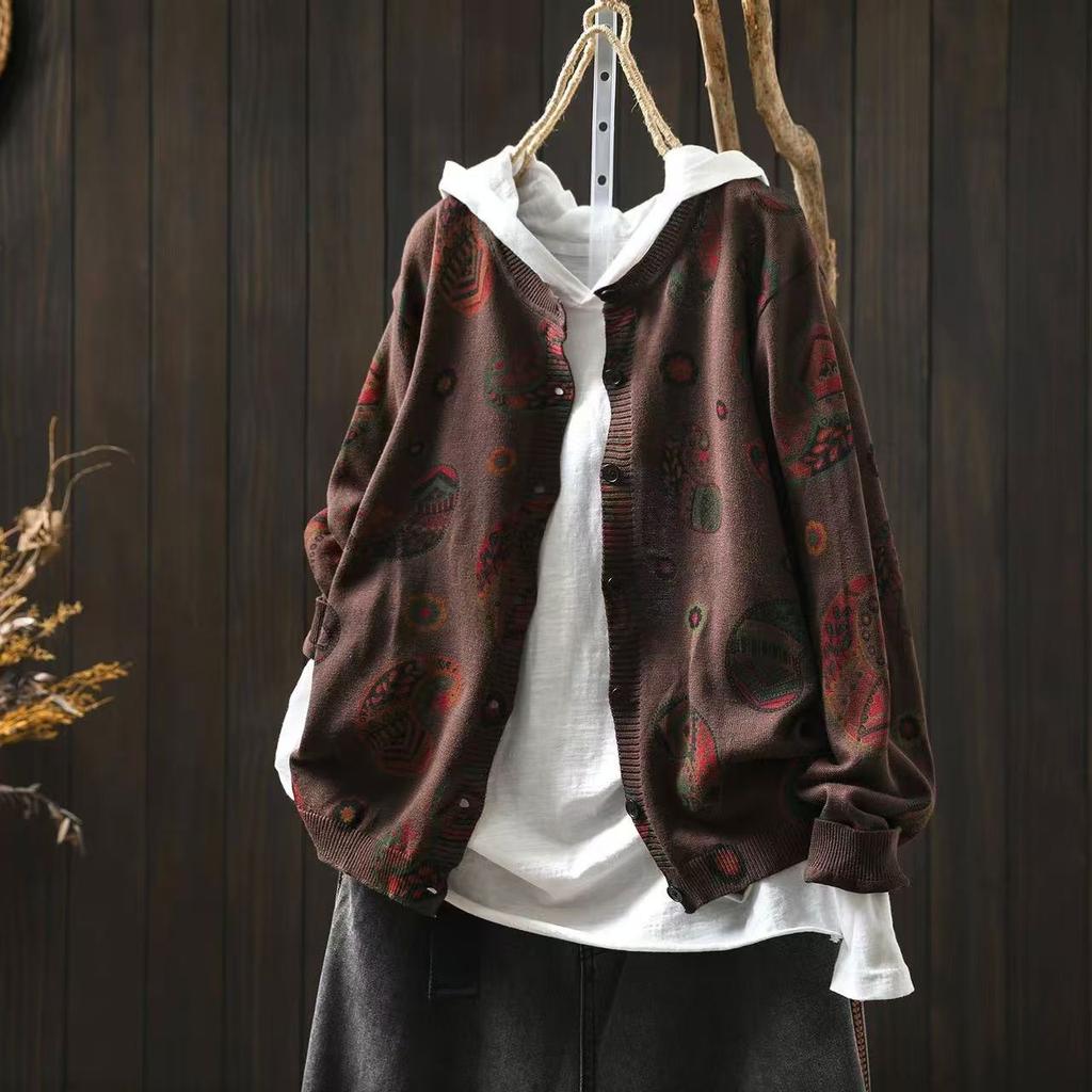 Johnature Women Vintage Knitted Sweaters O-Neck Long Sleeve Autumn Button Print Floral Female Loose Sweaters