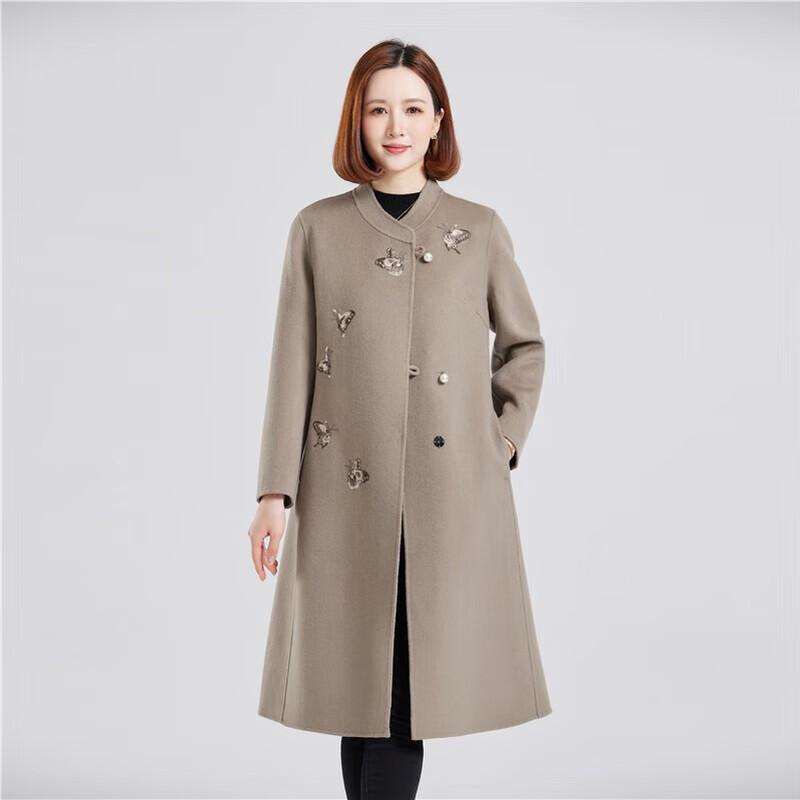 FENGXUN Women's Mid-Length 100% Wool Embroidered Double-Faced Coat