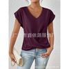 Women Wine Red V Neck Rolled Cap Sleeve Blouse Front Twist Knot Casual Loose T-shirt