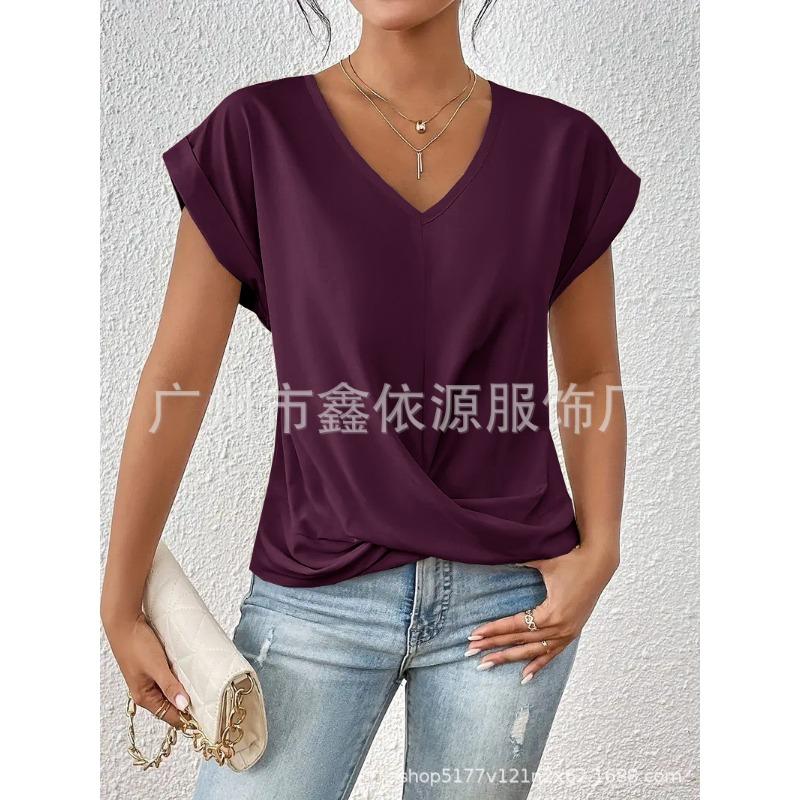 Women Wine Red V Neck Rolled Cap Sleeve Blouse Front Twist Knot Casual Loose T-shirt