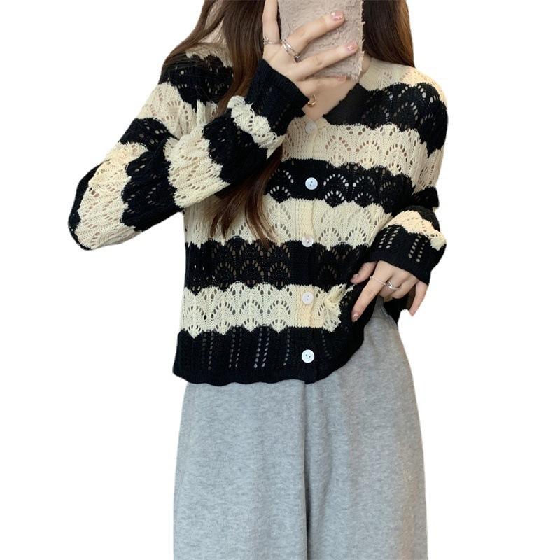Spring and Autumn retro striped hollow knitted cardigan fashionable small fresh and thin foreign top long sleeve knitted sweater