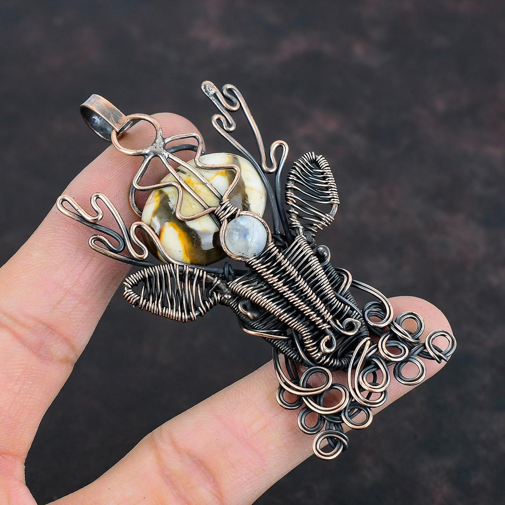 Peanut Wood Jasper Pendant Copper Wire Wrapped Gemstone Jewelry Deer Face Pendant Moonstone Pendant Handmade Jewelry Copper Pendant For Gift