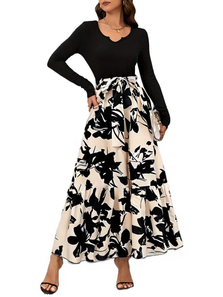 New European and American women's clothing floral printing high waist fashionable and elegant temperament dress