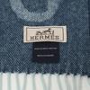 HERMES Logo Embroidery Crazy Chain Cashmere Fringe Scarf blueUsed