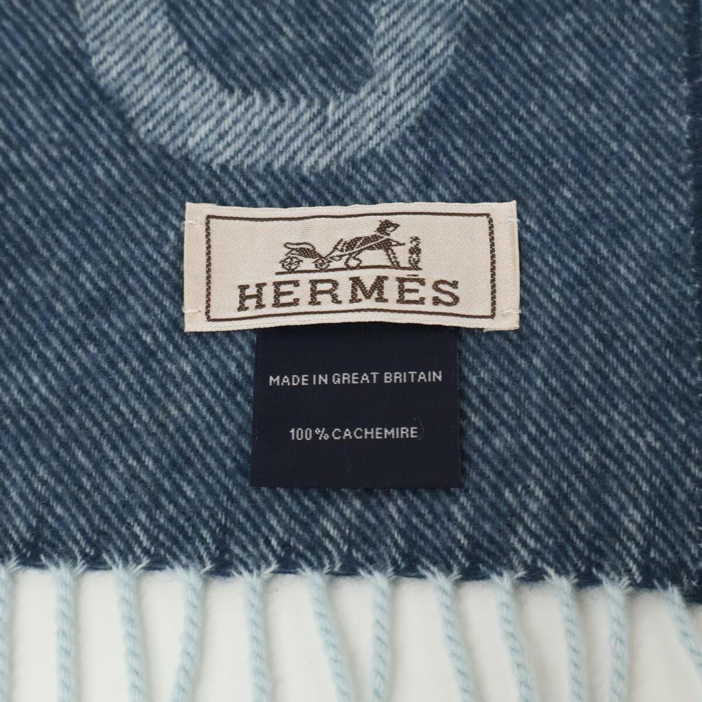 HERMES Logo Embroidery Crazy Chain Cashmere Fringe Scarf blueUsed