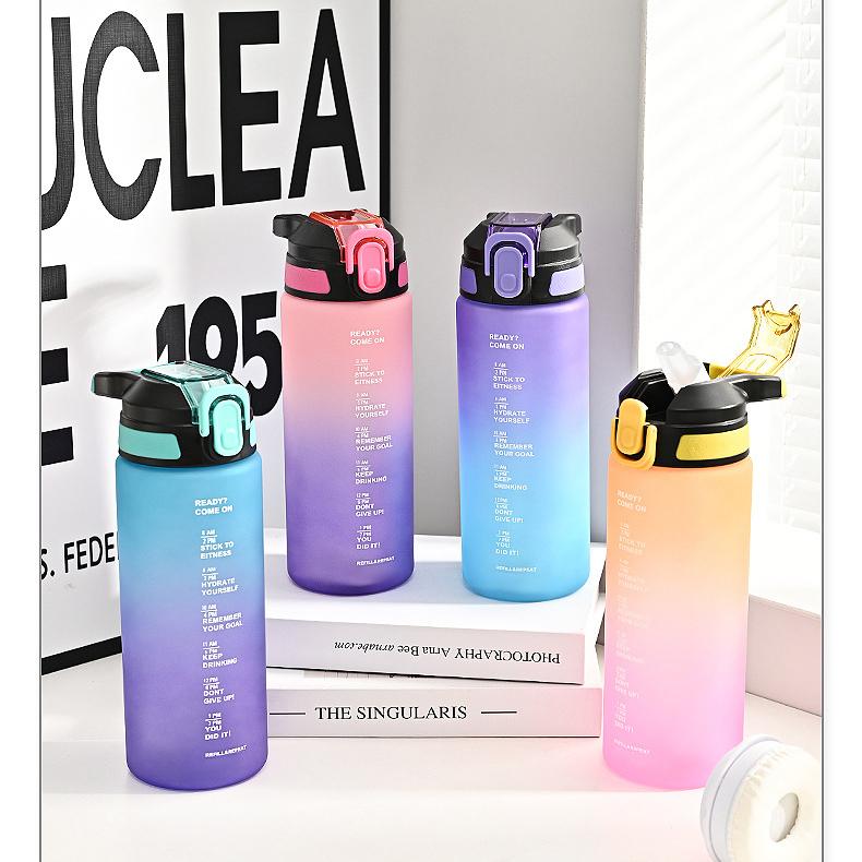 1000ml Gradient Matte Sports Water Bottle, Flip Straw Cup with Time Marker, Large Portable Plastic Jug for Fitness & Outdoor
