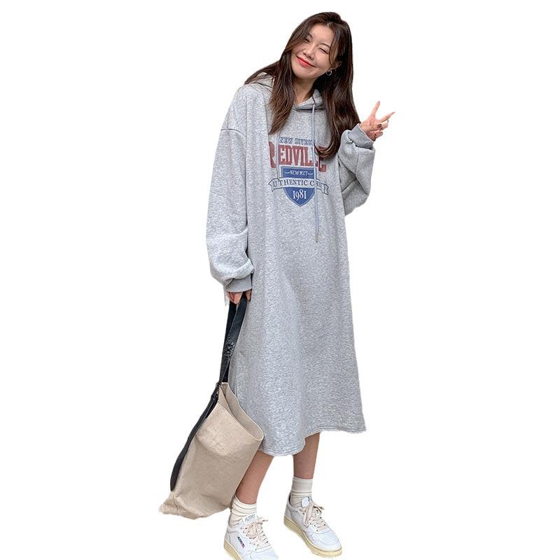 Mid-length Sweatshirt for Women Korean Style Striped Long-sleeved Dress for Winter Korean Style Loose Over-knee Plus Velvet