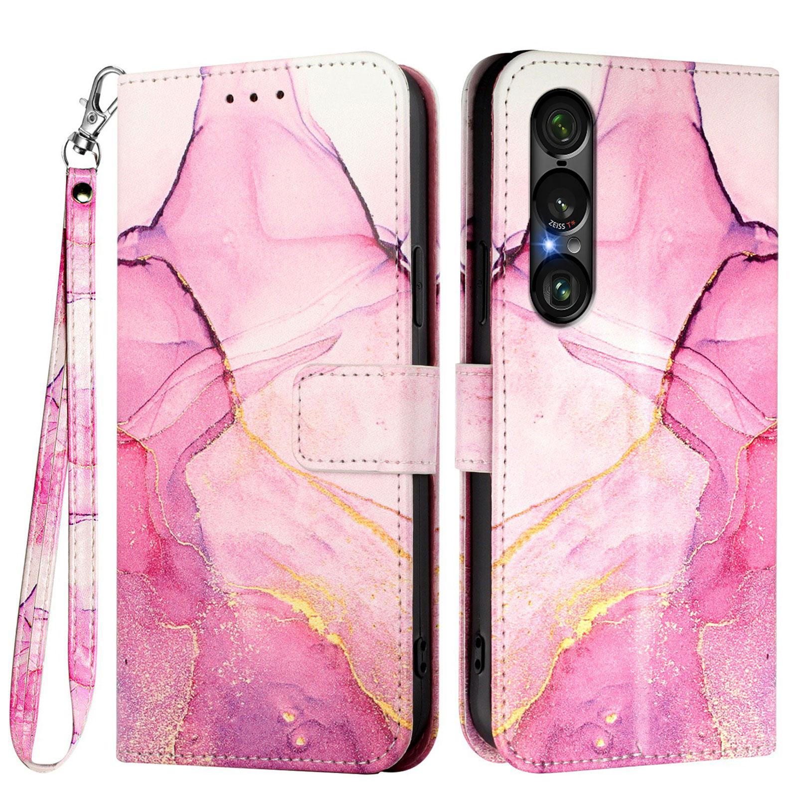 

For Sony Xperia 1 VII Case with Strap Marble Pattern Leather Phone Cover Card Holder A