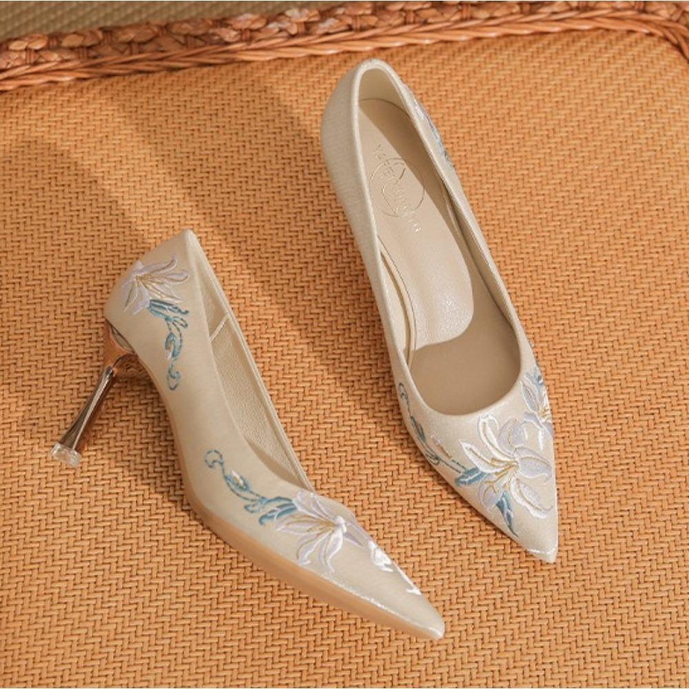 High Heels Women's Summer Satin Surface Light Mouth High Heel Single Shoes New Stiletto Embroidered Wedding Shoes Pumps Women