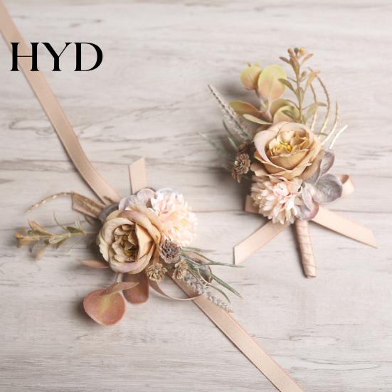 Elegant Rose Boutonniere Bud Wedding Flower Set, Wrist Corsage for Bride Bridesmaid Realistic Brooch & Groom Groomsman, Artificial Silk Floral