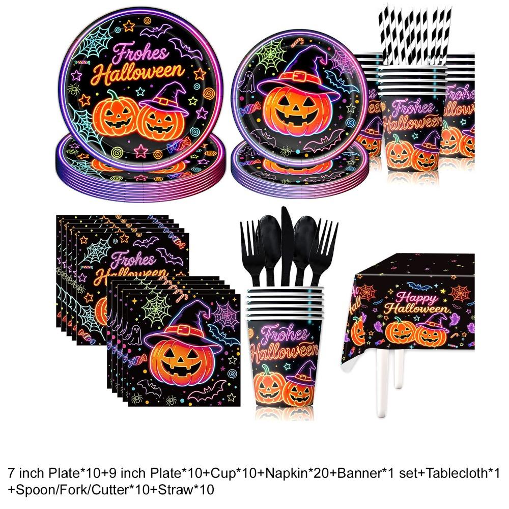 Thickened Neon Pumpkin Disposable Tableware Set Eco-friendly No Sagging Halloween Party Dinnerware Kit Waterproof