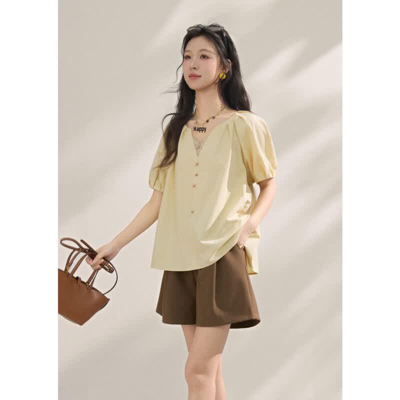 MISHOW V-neck Puff Sleeve Short Shirt